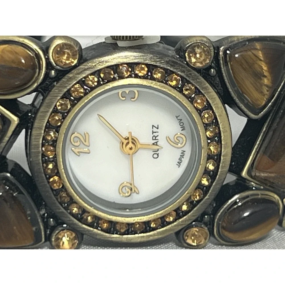 Fashion Cuff Bangle Watch Bronze Tone Tiger's Eye Stone Quartz Movement Untested